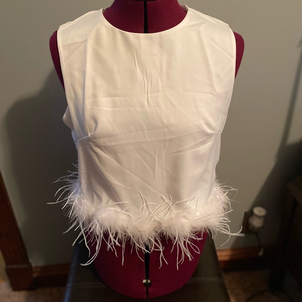Feather Crop Top - Faux Trim Sleeveless Tank Top